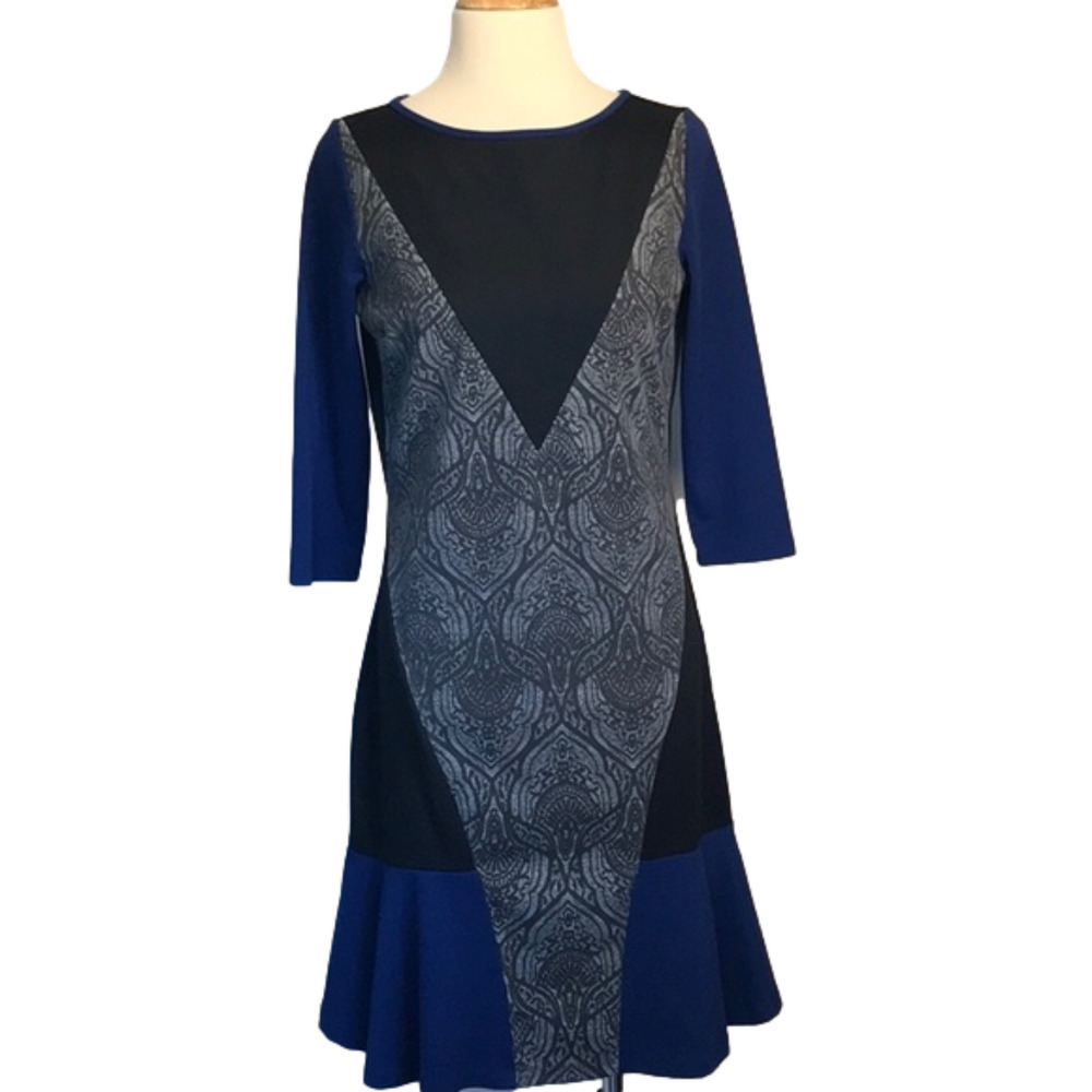 NWT NENE LEAKES Small Royal Blue Black 3/4 Sleeve Drop Waist Dress‎ Flattering